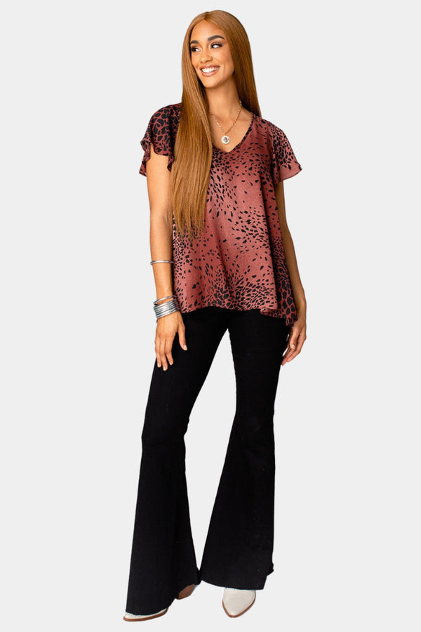 avril-flutter-sleeve-v-neck-top-puma Buddy Love - Sophia's Style-Avril Flutter Sleeve V-Neck Top - Puma-Maroon-XS-1