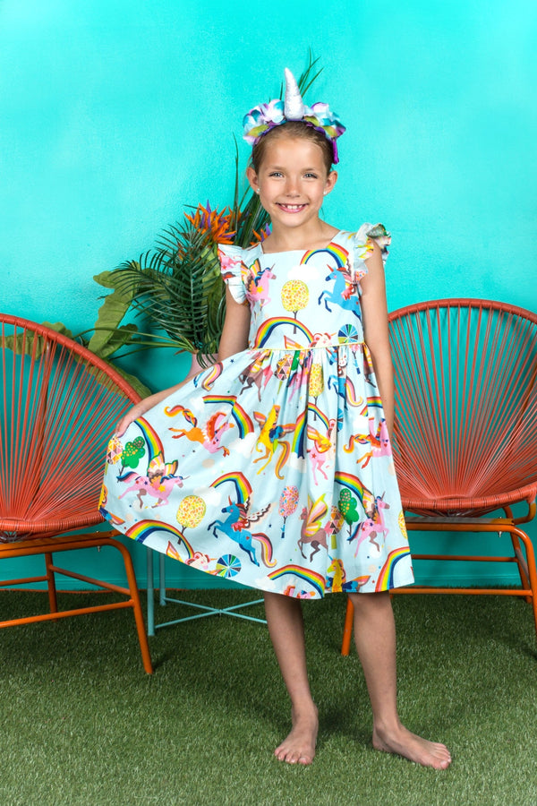Girls Blue Unicorn Print Butterfly Sleeves Cotton Dress, Sizes 2-14