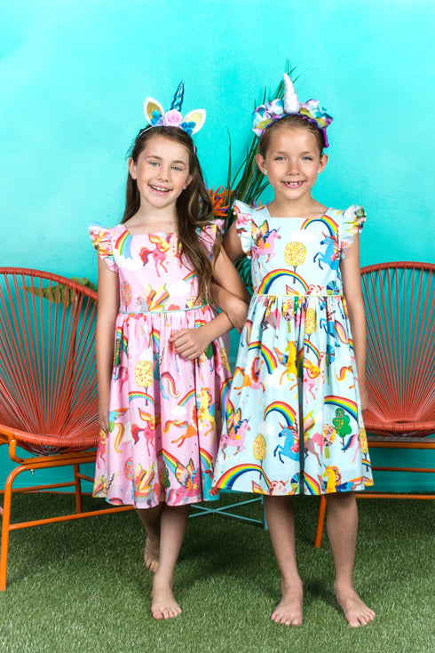 Girls Blue Unicorn Print Butterfly Sleeves Cotton Dress, Sizes 2-14