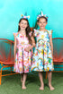 Girls Blue Unicorn Print Butterfly Sleeves Cotton Dress, Sizes 2-14