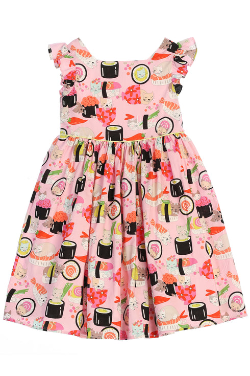 Girls Pink Sushi Cat Print Butterfly Sleeves Cotton Dress, Sizes 2-14