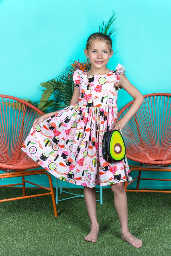 Girls Pink Sushi Cat Print Butterfly Sleeves Cotton Dress, Sizes 2-14