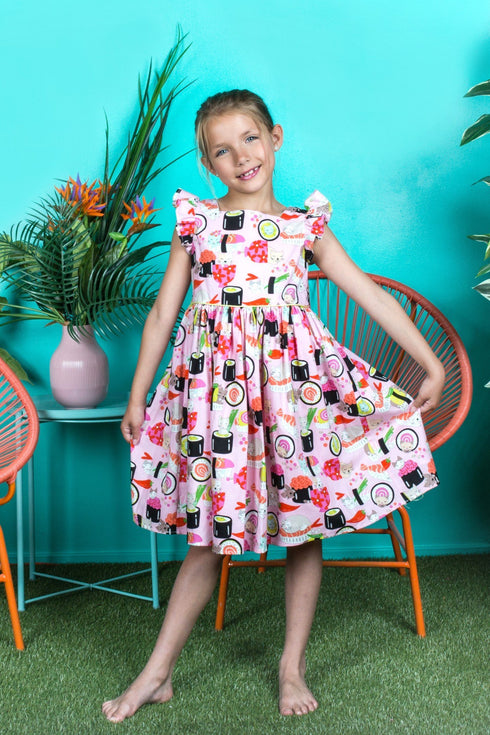 Girls Pink Sushi Cat Print Butterfly Sleeves Cotton Dress, Sizes 2-14