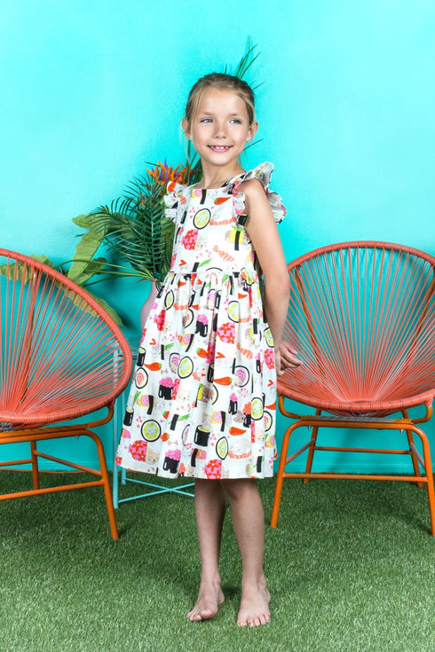 Girls White Sushi Cat Print Butterfly Sleeves Cotton Dress, Sizes 2-14