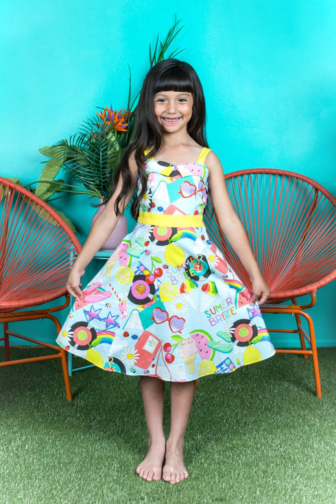 Girls Summer Breeze Print Pin-Up Style Cotton Dress with Pockets, Sizes 2-14