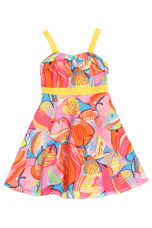 Girls Tropical Fish Print Pin-Up Style Cotton Dress with Pockets, Sizes 2-14