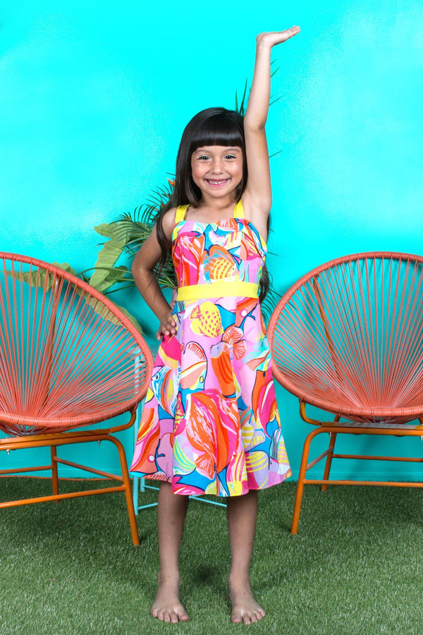 Girls Tropical Fish Print Pin-Up Style Cotton Dress with Pockets, Sizes 2-14