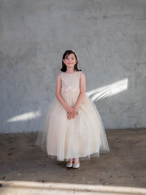 Girls Multi Color A-Line Flowered Waist Tulle Flower Girl Dress 2-16