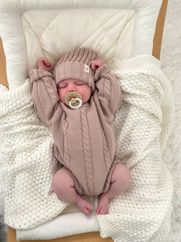 cable-knit-romper-dusty-petal Luna and Luca Newborn Baby Clothes