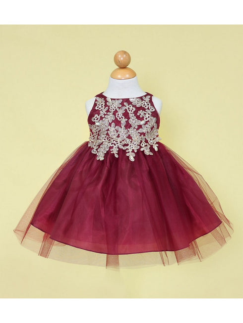Baby Girls Burgundy Gold Lace Embroidered Tulle Flower Girl Dress 6-24M SophiasStyle.com