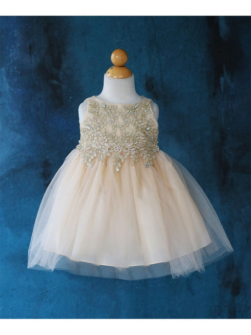 Baby Girls Champagne Gold Lace Embroidered Tulle Flower Girl Dress 6-24M SophiasStyle.com