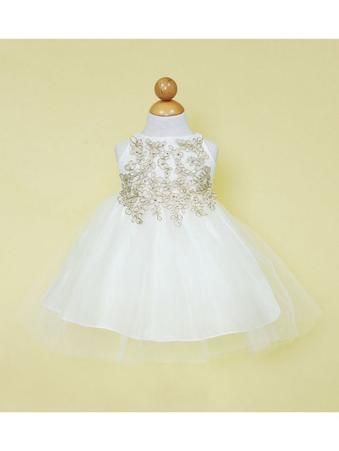 Baby Girls Ivory Gold Lace Embroidered Tulle Flower Girl Dress 6-24M SophiasStyle.com