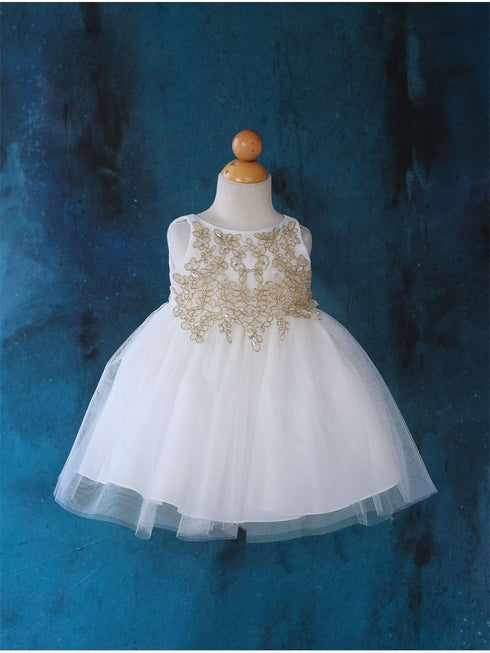 Baby Girls Ivory Gold Lace Embroidered Tulle Flower Girl Dress 6-24M SophiasStyle.com
