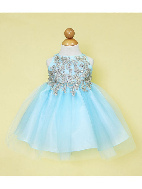Baby Girls Light Blue Gold Lace Embroidered Tulle Flower Girl Dress 6-24M SophiasStyle.com