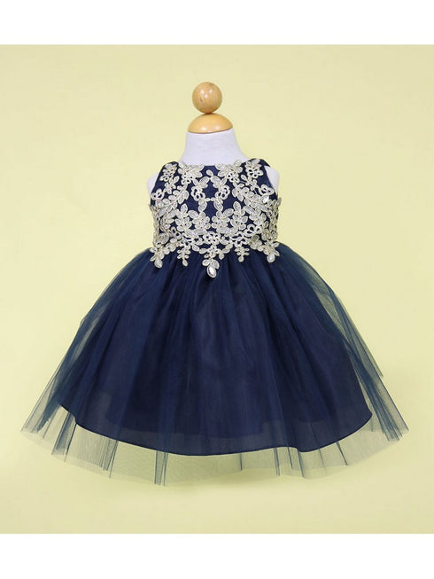 Baby Girls Navy Gold Lace Embroidered Tulle Flower Girl Dress 6-24M SophiasStyle.com