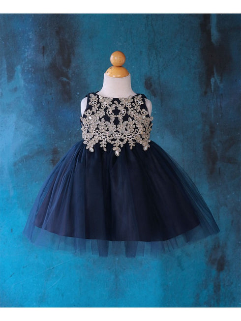 Baby Girls Navy Gold Lace Embroidered Tulle Flower Girl Dress 6-24M SophiasStyle.com