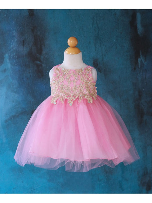 Baby Girls Pink Gold Lace Embroidered Tulle Flower Girl Dress 6-24M SophiasStyle.com