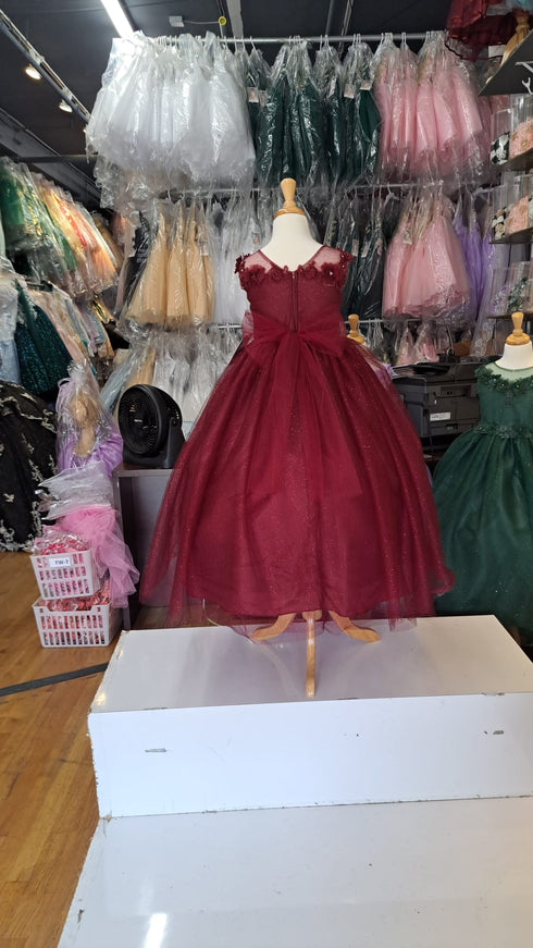Big Girls Burgundy Illusion Neckline Floral Applique Glitter Tulle Dress 8-16 - SophiasStyle.com