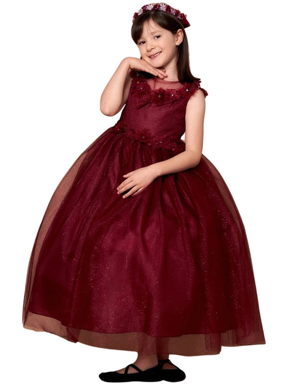 Little Girls Burgundy Illusion Neckline Floral Applique Glitter Tulle Dress 2-6 - SophiasStyle.com