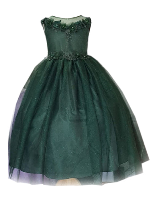 Little Girls Hunter Green Illusion Neckline Floral Applique Glitter Tulle Dress 2-6 - SophiasStyle.com