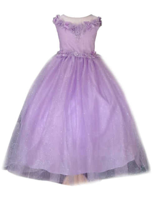 Big Girls Lilac Illusion Neckline Floral Applique Glitter Tulle Dress 8-16 - SophiasStyle.com