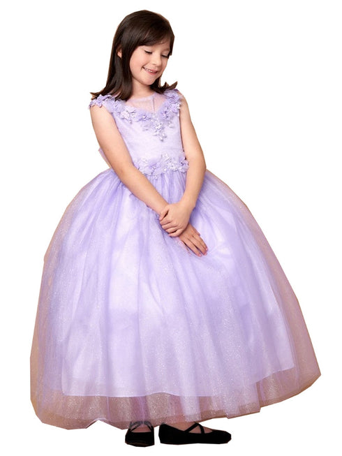 Big Girls Lilac Illusion Neckline Floral Applique Glitter Tulle Dress 8-16 - SophiasStyle.com