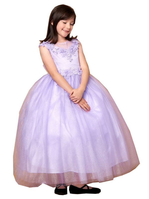 Big Girls Lilac Illusion Neckline Floral Applique Glitter Tulle Dress 8-16 - SophiasStyle.com