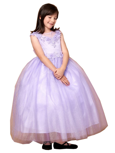 Big Girls Lilac Illusion Neckline Floral Applique Glitter Tulle Dress 8-16 - SophiasStyle.com
