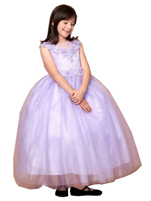 Big Girls Lilac Illusion Neckline Floral Applique Glitter Tulle Dress 8-16 - SophiasStyle.com