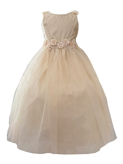 Calla Girls Champagne A-Line Flowered Waist Tulle Flower Girl Dress 2-16 SophiasStyle.com