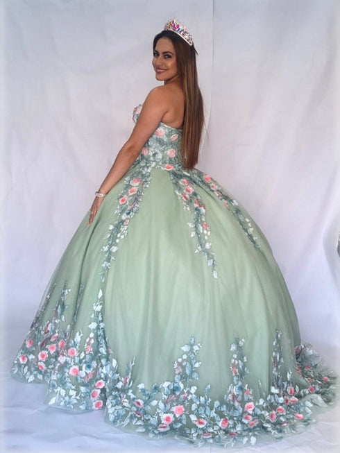 Junior Girls Sage Flower Sleeveless Quinceanera Party Dress XS-3XL back SophiasStyle.com