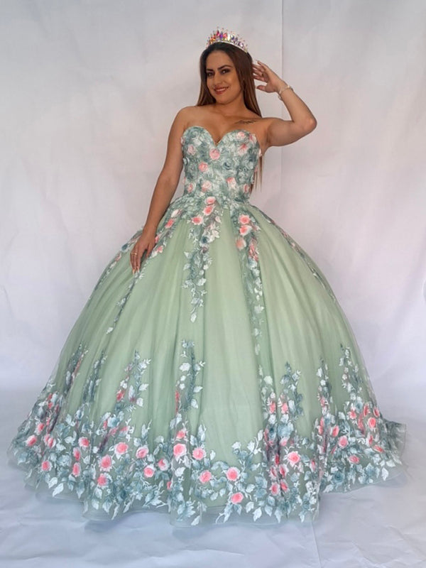 Junior Girls Sage Flower Sleeveless Quinceanera Party Dress XS-3XL front SophiasStyle.com