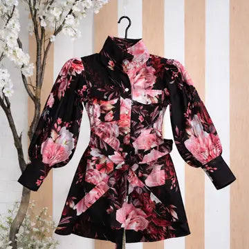 Girls Carine Black and Pink Floral Long-Sleeve Shirt Dress 12M-14