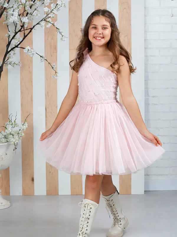 Cecile Girls Pink One-Shoulder Pearl Tulle Party Dress 12M-14