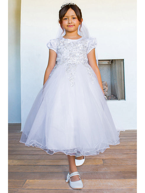 Girls White Satin Cap Sleeve Bead Adorned Communion Dress 6-16 - SophiasStyle.com 2