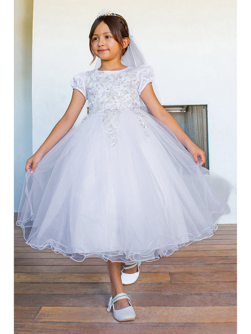 Girls White Satin Cap Sleeve Bead Adorned Communion Dress 6-16 - SophiasStyle.com 3