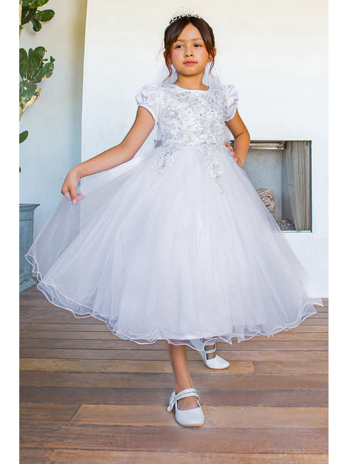 Girls White Satin Cap Sleeve Bead Adorned Communion Dress 6-16 - SophiasStyle.com 4