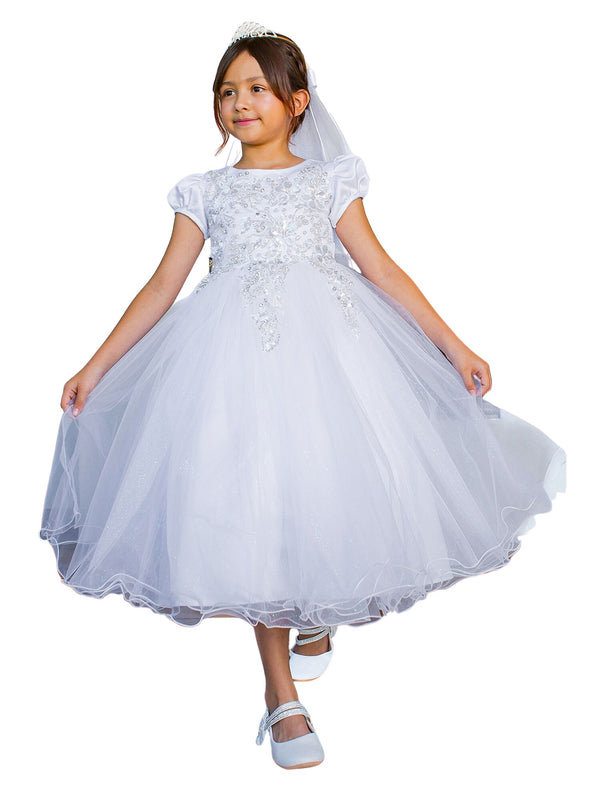 Girls White Satin Cap Sleeve Bead Adorned Communion Dress 6-16 - SophiasStyle.com 1