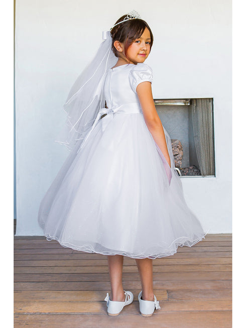 Girls White Satin Cap Sleeve Bead Adorned Communion Dress 6-16 back - SophiasStyle.com