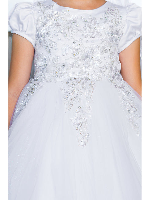 Girls White Satin Cap Sleeve Bead Adorned Communion Dress 6-16 detail - SophiasStyle.com