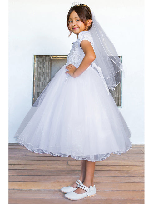 Girls White Satin Cap Sleeve Bead Adorned Communion Dress 6-16 side - SophiasStyle.com