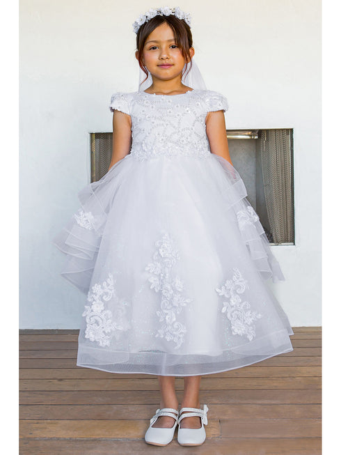 Girls White Satin 3D Flower Lace Adorned T-Length Communion Dress 6-16 model 2- SophiasStyle.com