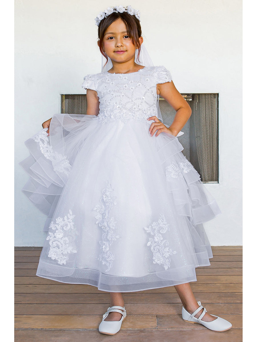 Girls White Satin 3D Flower Lace Adorned T-Length Communion Dress 6-16 from Cinderella Couture at Sophia's Style SophiasStyle.com Girls White Satin 3D Flower Lace Adorned T-Length Communion Dress 6-16 from Cinderella Couture at Sophia's Style SophiasStyle.com