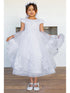 Girls White Satin 3D Flower Lace Adorned T-Length Communion Dress 6-16 model 4- SophiasStyle.com