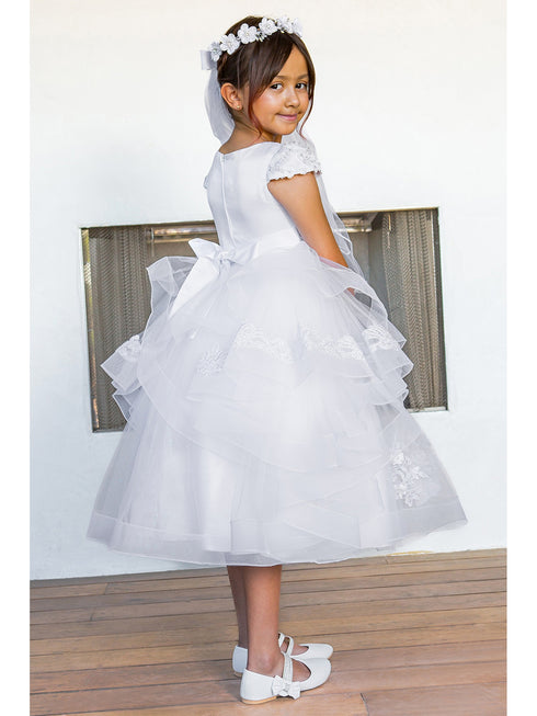Girls White Satin 3D Flower Lace Adorned T-Length Communion Dress 6-16 back- SophiasStyle.com