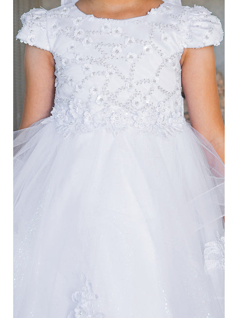 Girls White Satin 3D Flower Lace Adorned T-Length Communion Dress 6-16 detail- SophiasStyle.com