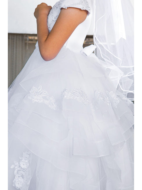 Girls White Satin 3D Flower Lace Adorned T-Length Communion Dress 6-16 detail 3- SophiasStyle.com