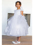 Girls White Satin 3D Flower Lace Adorned T-Length Communion Dress 6-16 side- SophiasStyle.com