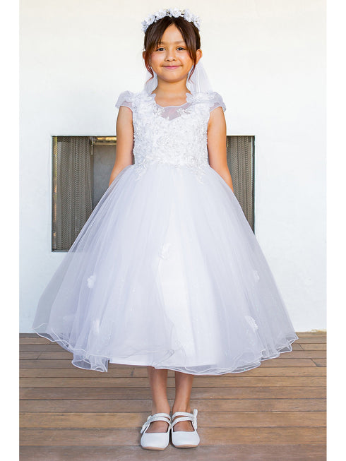 Girls White Cap Sleeve Crystal Tulle Bead Adorned Communion Dress 2-16 model 3- SophiasStyle.com
