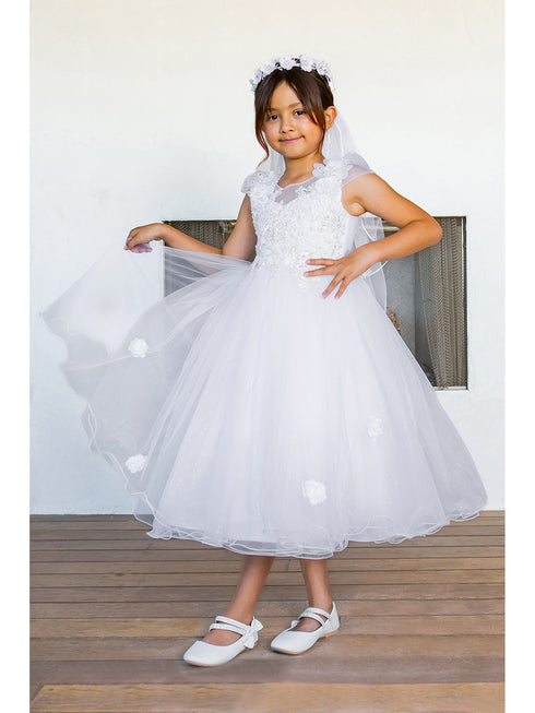 Girls White Cap Sleeve Crystal Tulle Bead Adorned Communion Dress 2-16 model 2- SophiasStyle.com